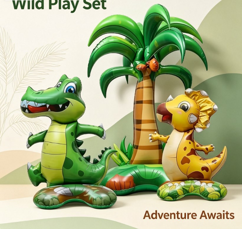 Jungle Animal Theme 3D Dinosaur & Crocodile Balloons - Large Cartoon Foil Helium Balloons for Kids Birthdays