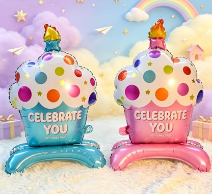 Cute Cupcake & Candle Foil Balloons - Pink & Blue Standing Party Decor for Kids & Adult Birthdays