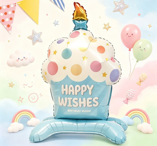 Cute Cupcake & Candle Foil Balloons - Pink & Blue Standing Party Decor for Kids & Adult Birthdays