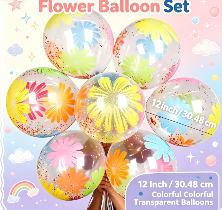 Cute Daisy Floral Print Latex Balloons with Colorful Foam Balls - Fun Party Decoration Balloon Kit
