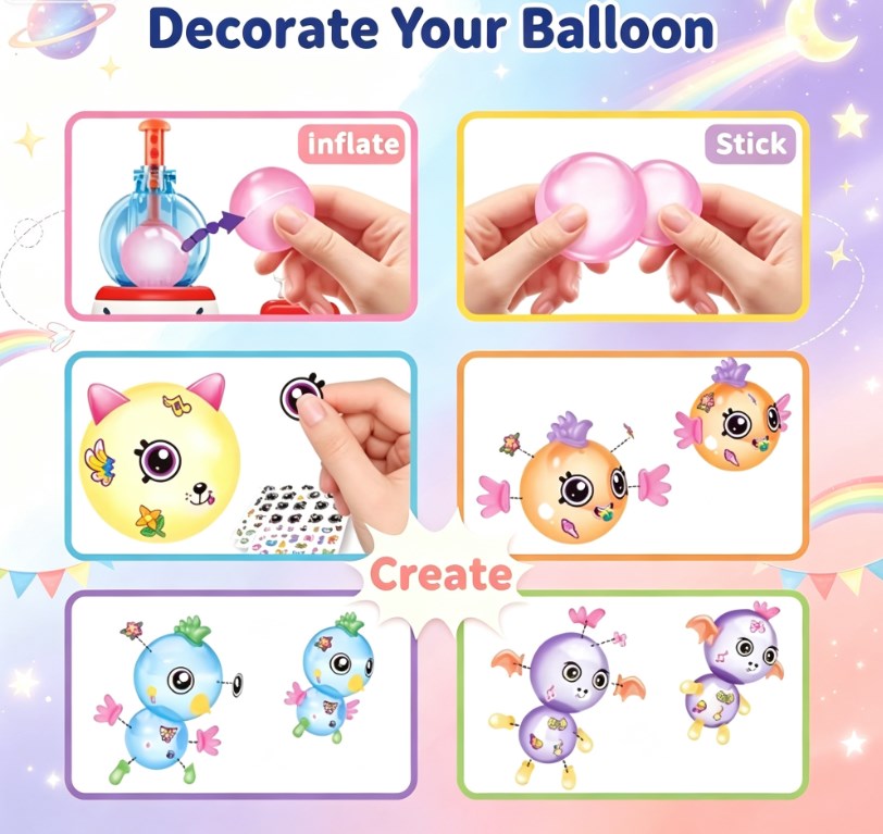 DIY Space Magic Balloon Craft Kit - Sticker Decorated Balloon Toy with Rocket Air Pump & Monster Pals for Kids Ages 3+