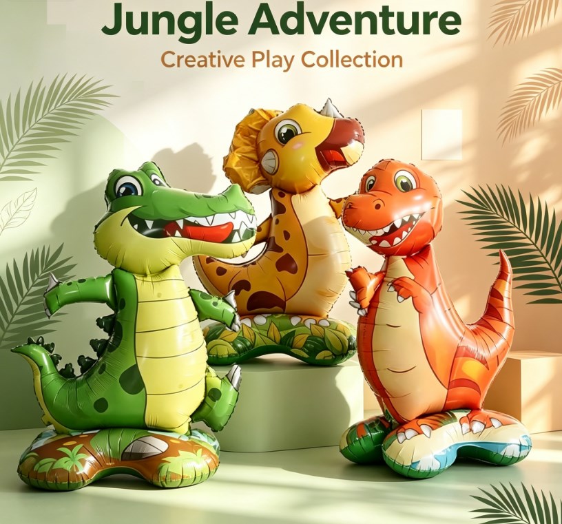 Jungle Animal Theme 3D Dinosaur & Crocodile Balloons - Large Cartoon Foil Helium Balloons for Kids Birthdays