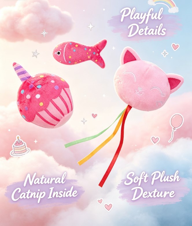 Pink Crinkle Plush Catnip Toys for Indoor Cats - Cute Cake & Fish Interactive Chew Toys